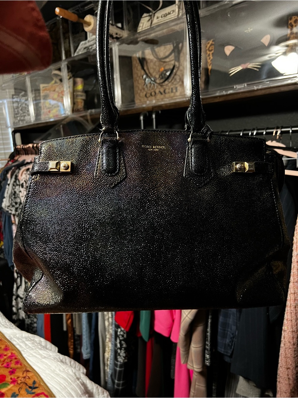 henri bendel oilslick petrol  Pebbled Leather Tote with Gold Hardware
